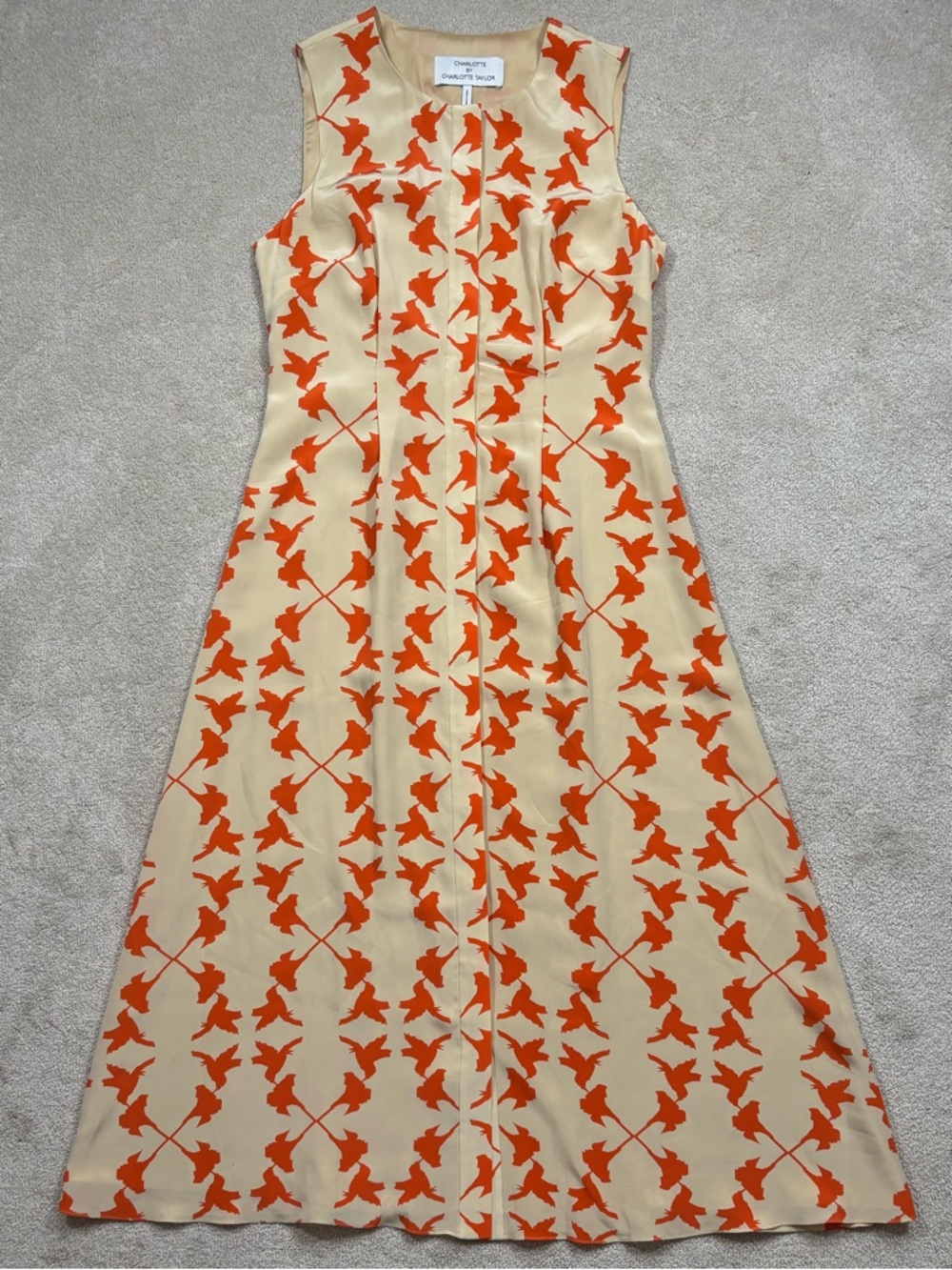 Anthropologie Charlotte Taylor 100% Silk Bird Print Maxi Dress Orange Cream Sz 4